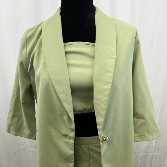 Shein Womens 3 Piece Outfit Set Green 3/4 Sleeve Open Front Smocked Satin XS - Picture 7 of 10